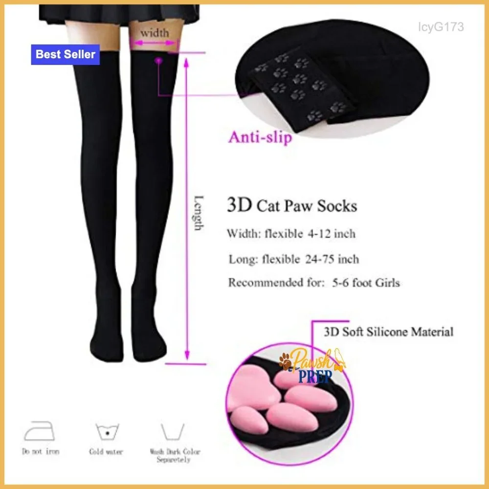 Cat Paw Thigh High Socks with 3D Toe Beans, Soft Microfiber, One Size